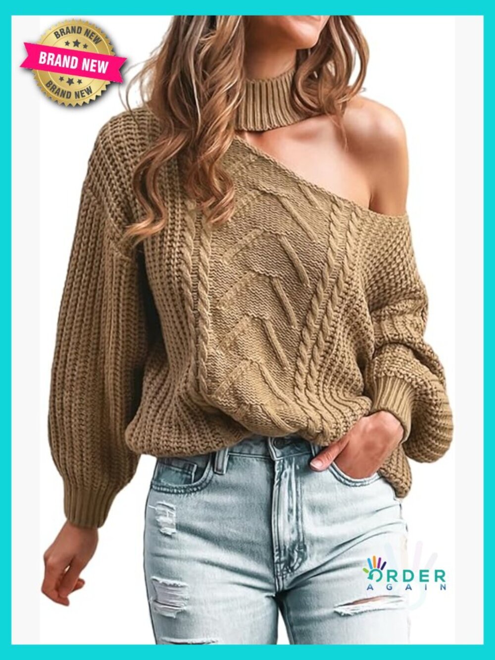 Mock Neck Cable Knit Cold Shoulder Pullover Sweater Casual Chic